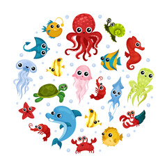 Cute marine animals in round shape. Funny bright sea creatures of underwater world banner, poster, card design template cartoon vector