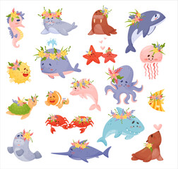 Sea Animals Wearing Flower Wreath on Its Head Big Vector Set