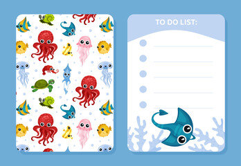 To do list with cute sea animals. Notebook, diary, stationery, organizer page, sticker with marine creatures seamless pattern cartoon vector