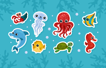 Obraz premium Set of sea and ocean underwater animals. Cute aquatic turtle, seahorse, jellyfish, turtle, crab, dolphin, octopus. Childish stickers cartoon vector