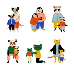 Animal parents and their kids set. Dog, penguin, raccoon, panda, frog, tiger families cartoon vector