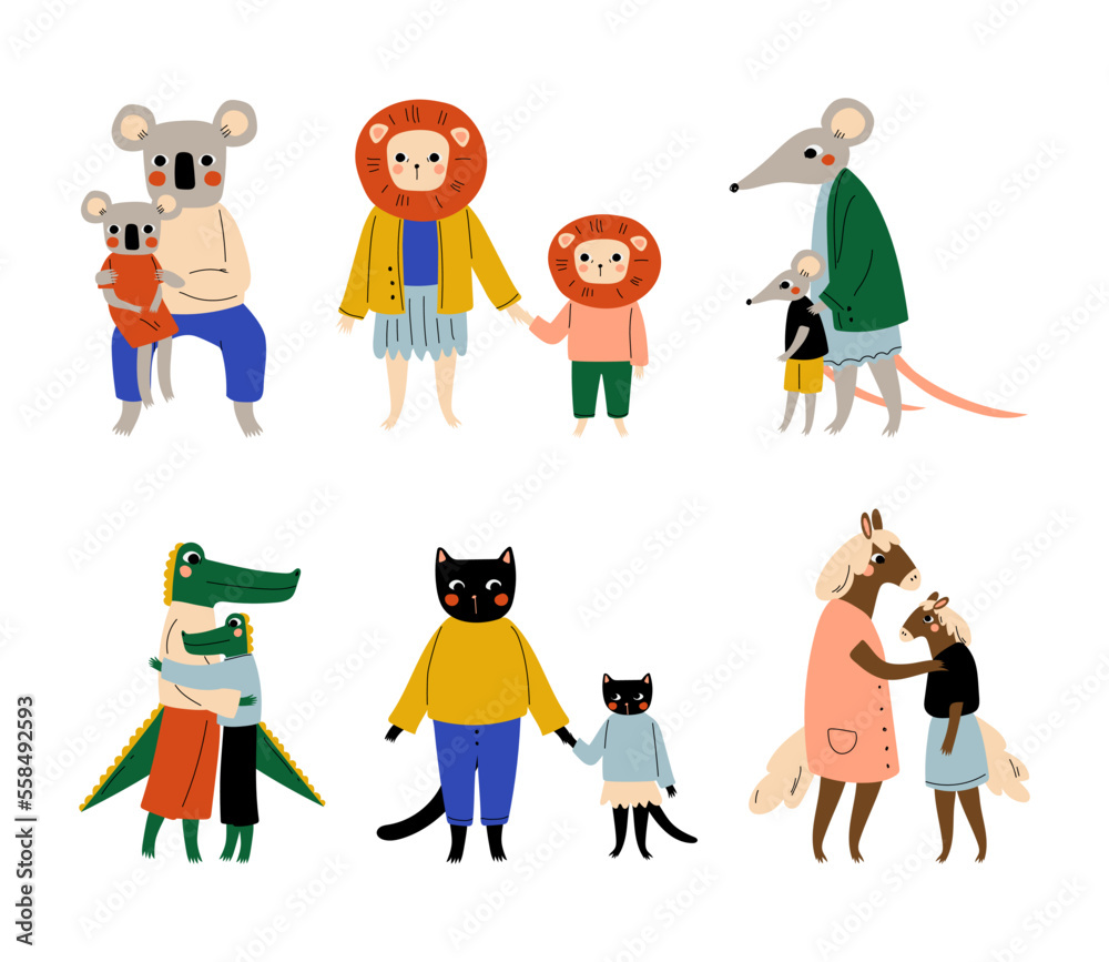 Poster animal parents and their kids set. koala, lion, rat, crocodile, cat, horse families cartoon vector i