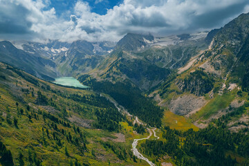 Summer Landscape beautiful mountains Altai with Upper Multe lake, Aerial top view