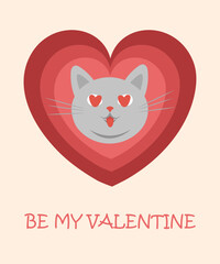 vintage flat greeting card and poster with cute love cat in hearts box for Valentine's Day