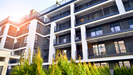 Apartments in residential complex. Housing structure at modern house.  Architecture for property investment. and architecture details. Urban abstract - windows of apartment building.