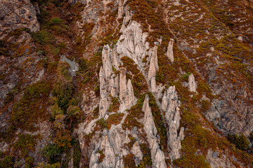 Aerial Landscape natural Akkurum with rock formations Stone Mushrooms in Chulyshman river valley Altai Republic, Russia