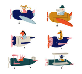 Cute animals pilots flying on airplanes set. Monkey, hippo, horse, giraffe, bunny, koala, piloting retro plane cartoon vector illustration