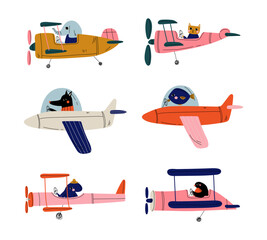 Cute animals pilots flying on airplanes set. Elephant, cat, dog, fish, octopus, bird, piloting retro plane cartoon vector illustration