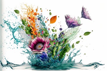 Bouquet of flowers in splashes of colorful water, on a white background, created with Generative AI technology.