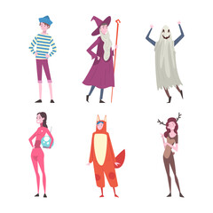 Obraz na płótnie Canvas Set of men and women in funny costumes. Adult people dressed as wizard, ghost, deer animal, cat, sailor cartoon vector illustration