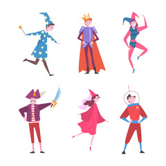 Fototapeta na wymiar Set of men and women in funny costumes. Adult people dressed as wizard, jester, pirate, prince, superhero cartoon vector illustration