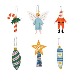 Set of christmas baubles. Candy cane, Santa Claus, angel, star for Christmas tree decoration cartoon vector illustration