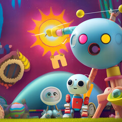 A cartoon scene depicts a robot and a sun in the background, with a smaller robot in the foreground. Assisted creation with Generative AI.