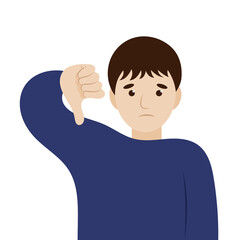 Portrait of a cartoon boy showing thumb down, dislike, flat vector, isolate on white