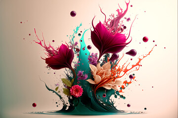 A Colorful arrangement of flowers with liquid splashes.
Generative ai