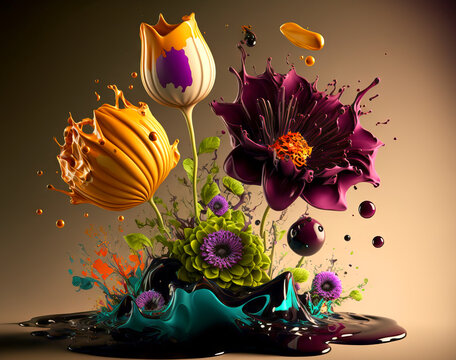 A Colorful arrangement of flowers with liquid splashes.
Generative ai
