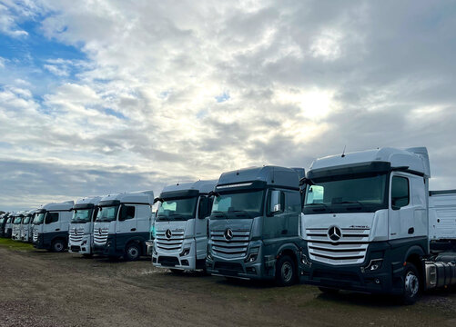 Poznan, Poland 01.03.2023: Warehouse with new Mercedes Actros L stored in the open air