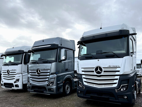 Poznan, Poland 01.03.2023: Warehouse with new Mercedes Actros L stored in the open air