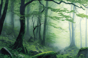 Beech trees in the forest with mist.