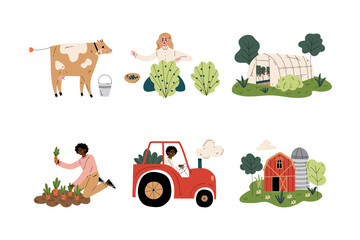 Farmers working on farm field, garden and greenhouse set. People working on farmland, milking cow cartoon vector illustration