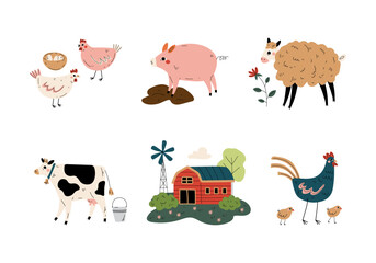 Set of farm animals and red barn. Agriculture, animal husbandry, poultry farming cartoon vector illustration