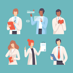 Hospital medical staff set. Doctors and nurses in uniform doing different activities flat vector