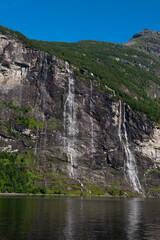 Fototapeta na wymiar The famous and impressive Seven Sisters (Dei sju systre) waterfall dropping 250 meters from a cliff in the Geiranger Fjord, Norway