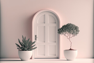 Concept of white door, window, and plant in a simple pastel pink monochromatic. copy space on a light backdrop. minimalist backdrops for web pages, presentations, or photo frames. Generative AI