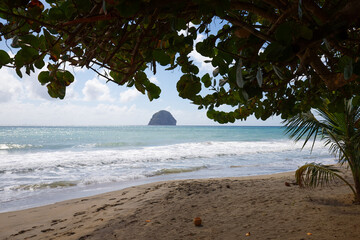 Diamond rock and Caribbean beach , Martinique island, French West Indies