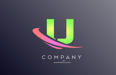 Obraz premium green pink U alphabet letter logo icon with swoosh. Creative template design for business and company