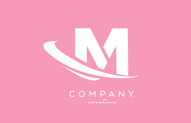 pink white M alphabet letter logo icon with swoosh. Creative template design for business and company