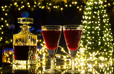 two glasses of wine on a festive background without people