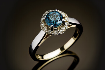 Blue and white diamond set in a gold ring. Generative AI
