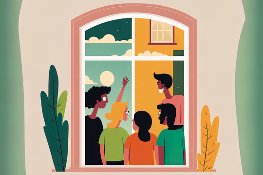 Through open home windows, neighbors help and share with one another. idea of a friendly community, togetherness, and mutual assistance. Colored flat image on a white background. Generative AI