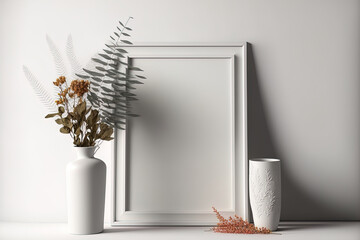 Vertical picture or artwork frame with white furniture, white wall, and vase of dry plants. Generative AI