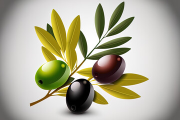 Plakat Black and green olives on branches with oil on them in an image of an olives flat symbol. Generative AI