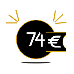 74€,seventy four euro inside black circle with golden border for web page and advertisement