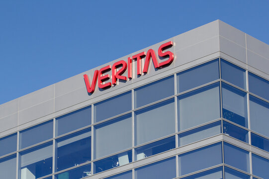 Santa Clara, CA, USA - Feb 11, 2020: The Veritas logo is seen at the American multinational data management company Veritas Technologies LLC.'s Headquarters in Santa Clara, California.
