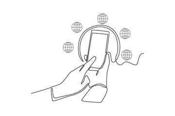 Continuous one line drawing Hand using smartphones to build global network connections. Marketing Concept. Single line draw design vector graphic illustration.