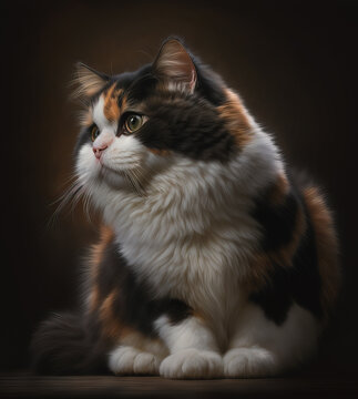  Close up image or portrait created by Generative AI. This big beautiful calico long haired cat with big green eyes is siting alone.  This is a pet cat.
