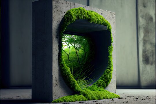 Through gray concrete sprouts green moss. AI generated art illustration.	
