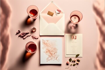 Wedding concept, cocktail glass, long shadows, crimson envelopes,  card,  soft beige background.