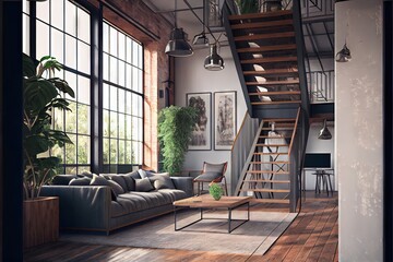 Living room interior in loft industrial style. AI generated art illustration.	
