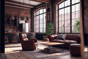Fototapeta premium Living room interior in loft industrial style. AI generated art illustration. 