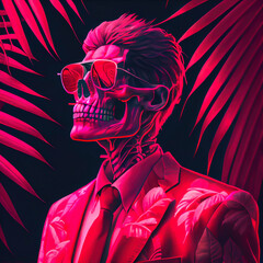red skeleton wearing sunglasses and a pink suit jacket