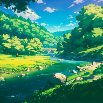 Sunny day on the river in Anime style. High quality illustration