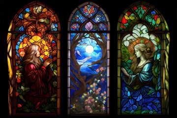 Luminous stained glass window. AI generated art illustration.	
