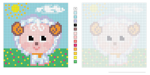 vector pixel illustration, lamb in the summer meadow, coloring book, embroidery design, mosaic, creative development of motor skills and imagination © Lanka