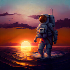 illustration of astronaut on the beach with sunset in the background
