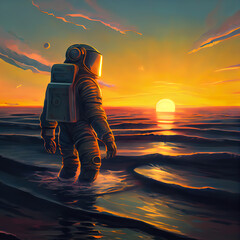 illustration of astronaut on the beach with sunset in the background